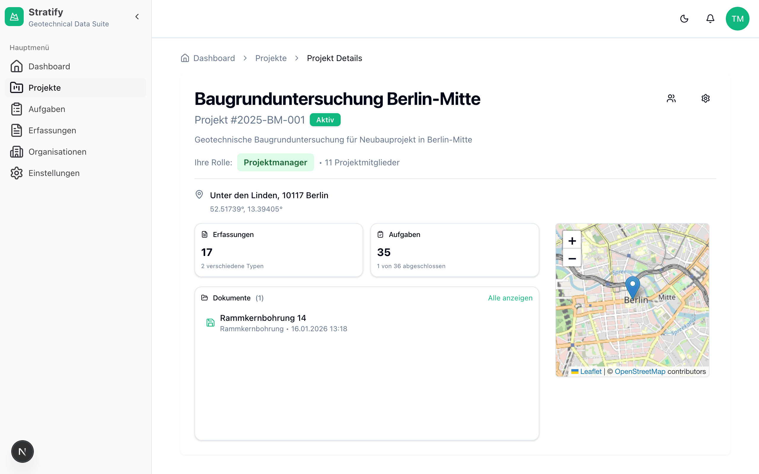 Projektübersicht mit Standortkarte